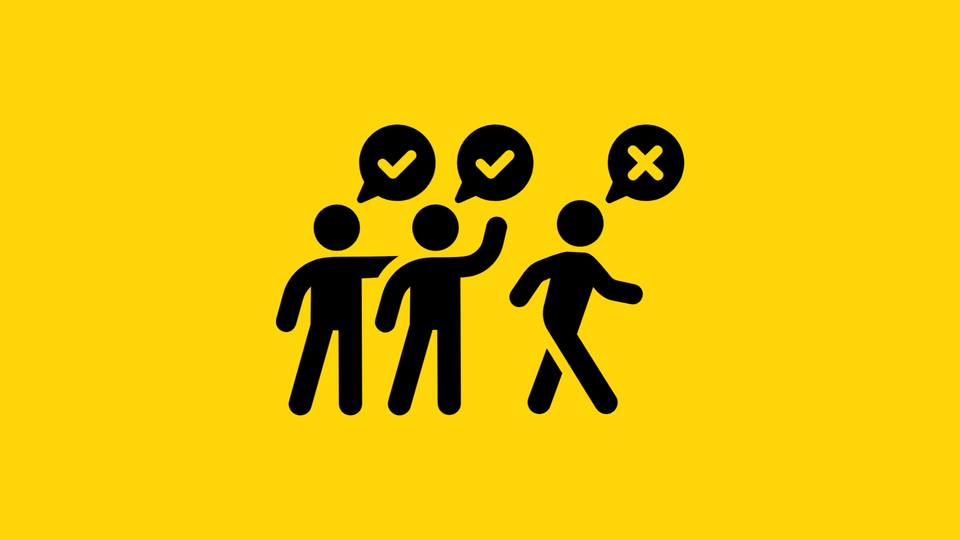 A cartoon image of two stick figures agreeing and one disagreeing and walking away from the other two.